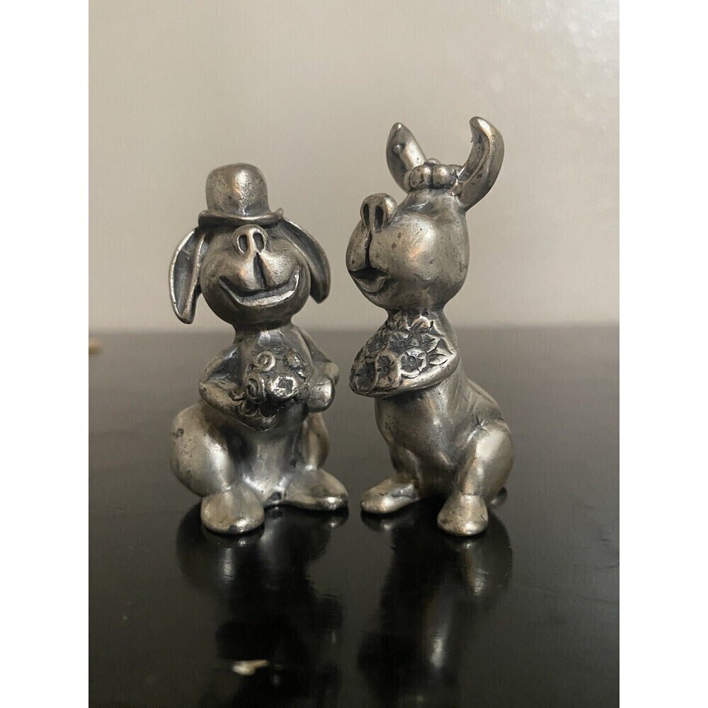 Vintage Peltro Italy Pewter Bride and Groom Dog Figurines Heavy Fine Pewter RARE